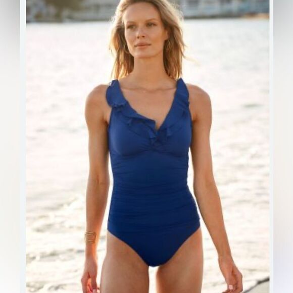 Sz 6 LAUREN by Ralph Lauren Ruffle One-Piece Swimsuit in deep blue green tag - Picture 1 of 16